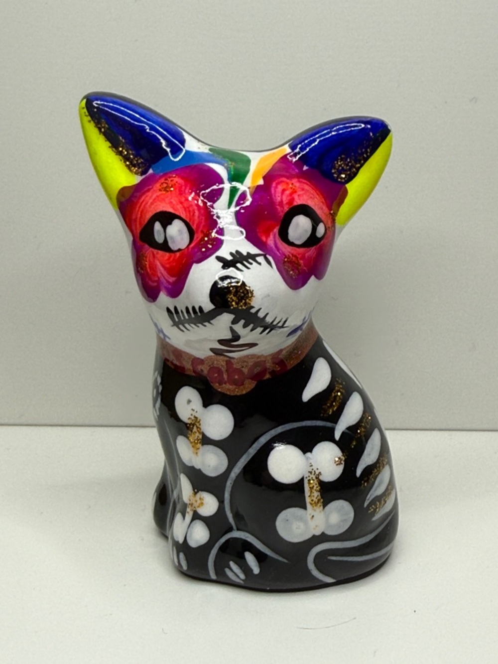 UV glowing Mexico ceramic Hand-Painted pottery miniature  Cat Figurine day dead